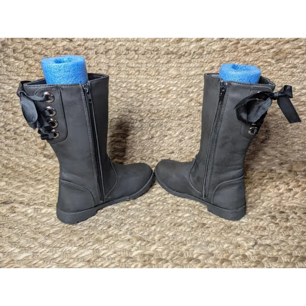 Nicole Miller Girls Leather Black Boots Bow Tie Back Metallic Rockstar Size 13
